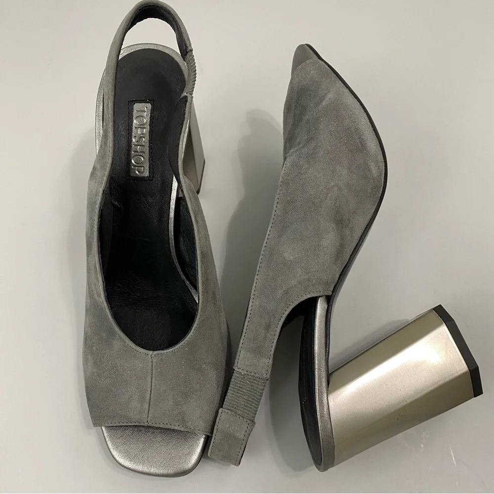 Topshop Roxy Gray Suede Slingback Size 9 Square Toe Metallic Octagon Heel